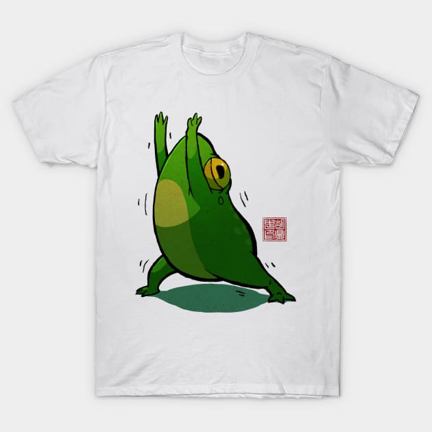 Yoga Frog Warrior Pose T-Shirt by DingHuArt